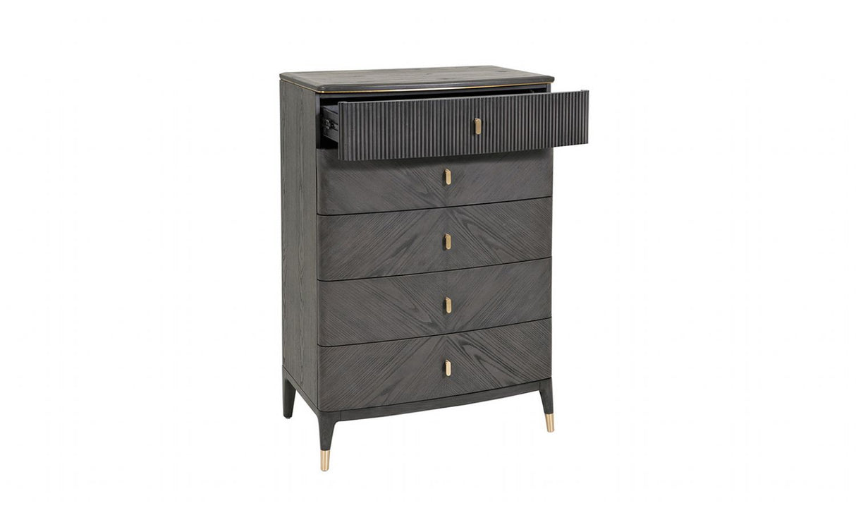 Tall Dark Brown Wood Chest of 5 Drawers with Golden Inlay
