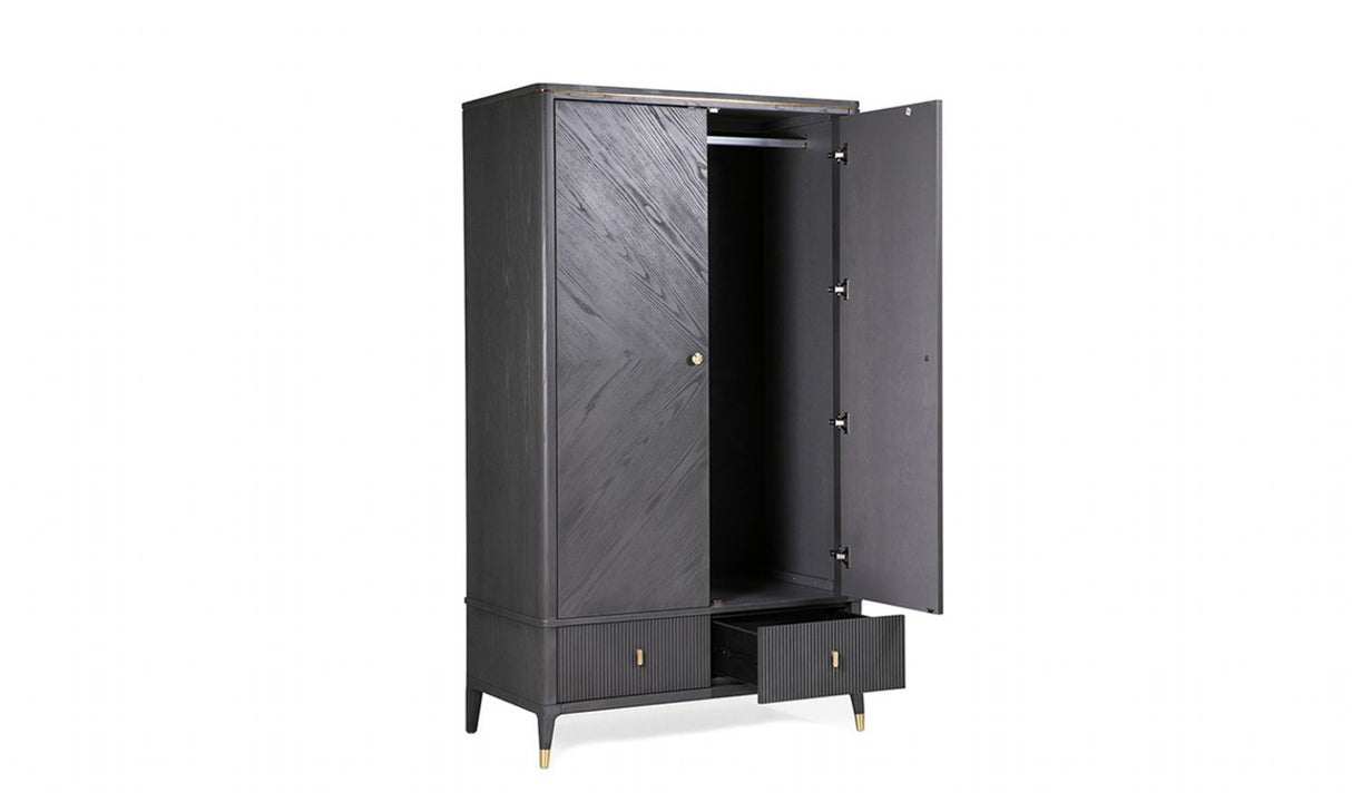 Tall Dark Brown Double Wardrobe 2 Door 2 Ribbed Drawers