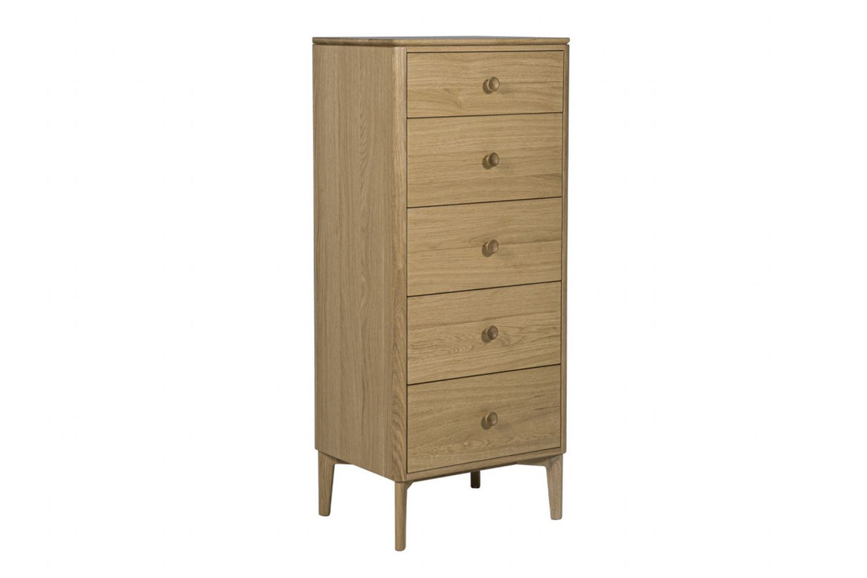 Modern Natural Oak Tall 5 Drawer Chest and Pin Style Legs