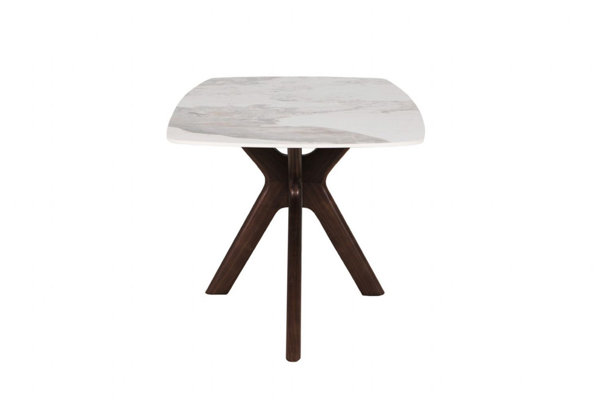 Large Walnut 180cm Rectangular Dining Table Stone Effect Top