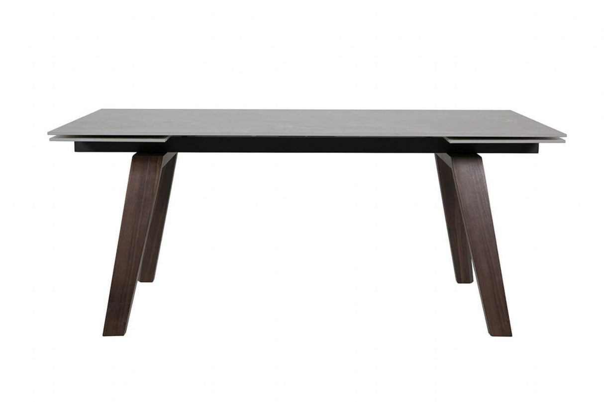 Brown Stone Top Extending Dining Table with Walnut Legs
