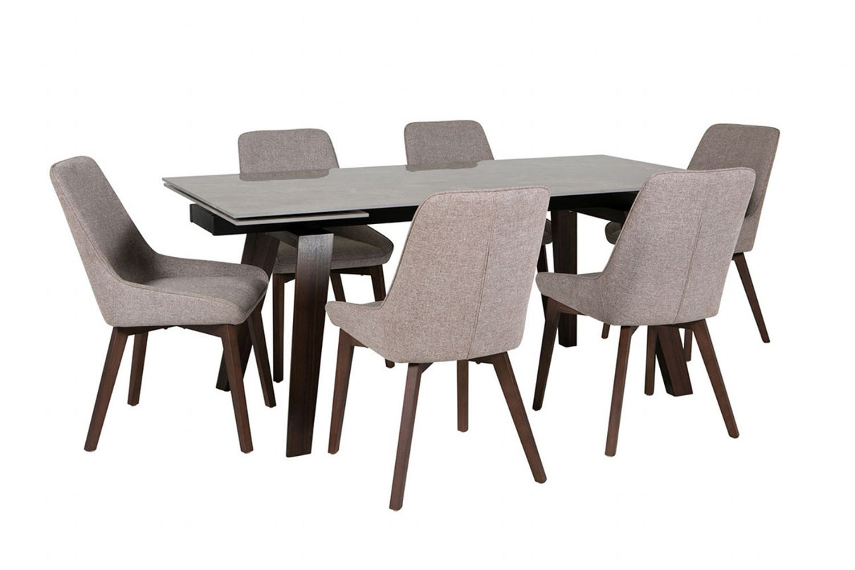 Beige Fabric Upholstered Dining Chair with Walnut Legs