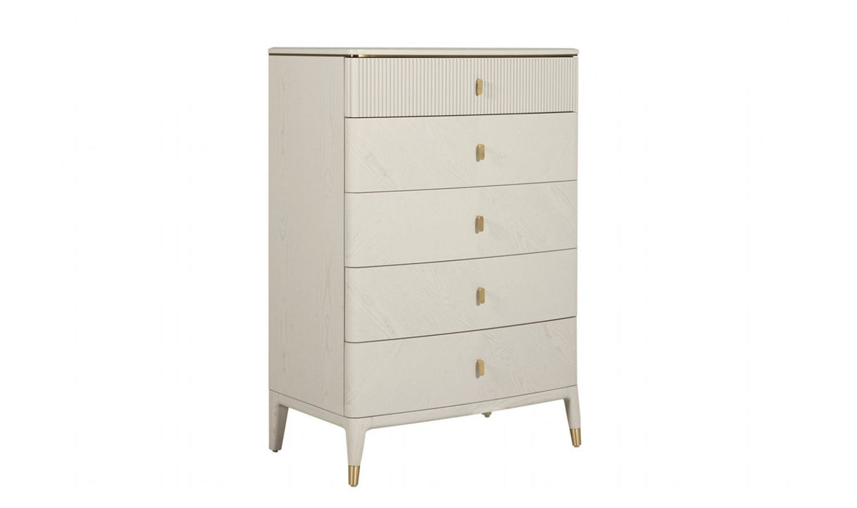 White Ribbed Tall 5 Drawer Chest with Brushed Gold Accents