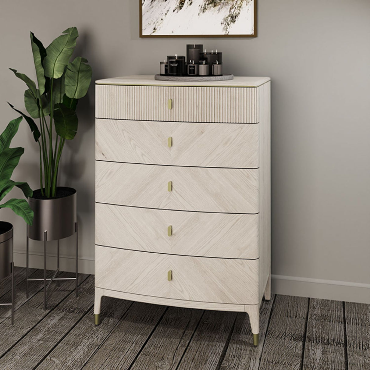 Art Deco White Ribbed Tall 5 Drawer Chest with Brushed Gold Accents