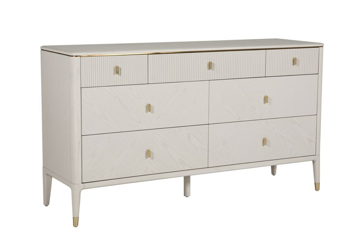 Stone Finish Ribbed Wooden Wide Chest of 7 Drawers