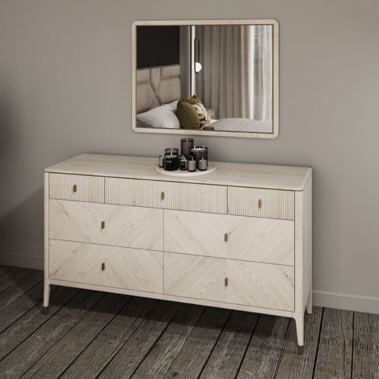 Stone Finish Ribbed Wooden Wide Chest of 7 Drawers