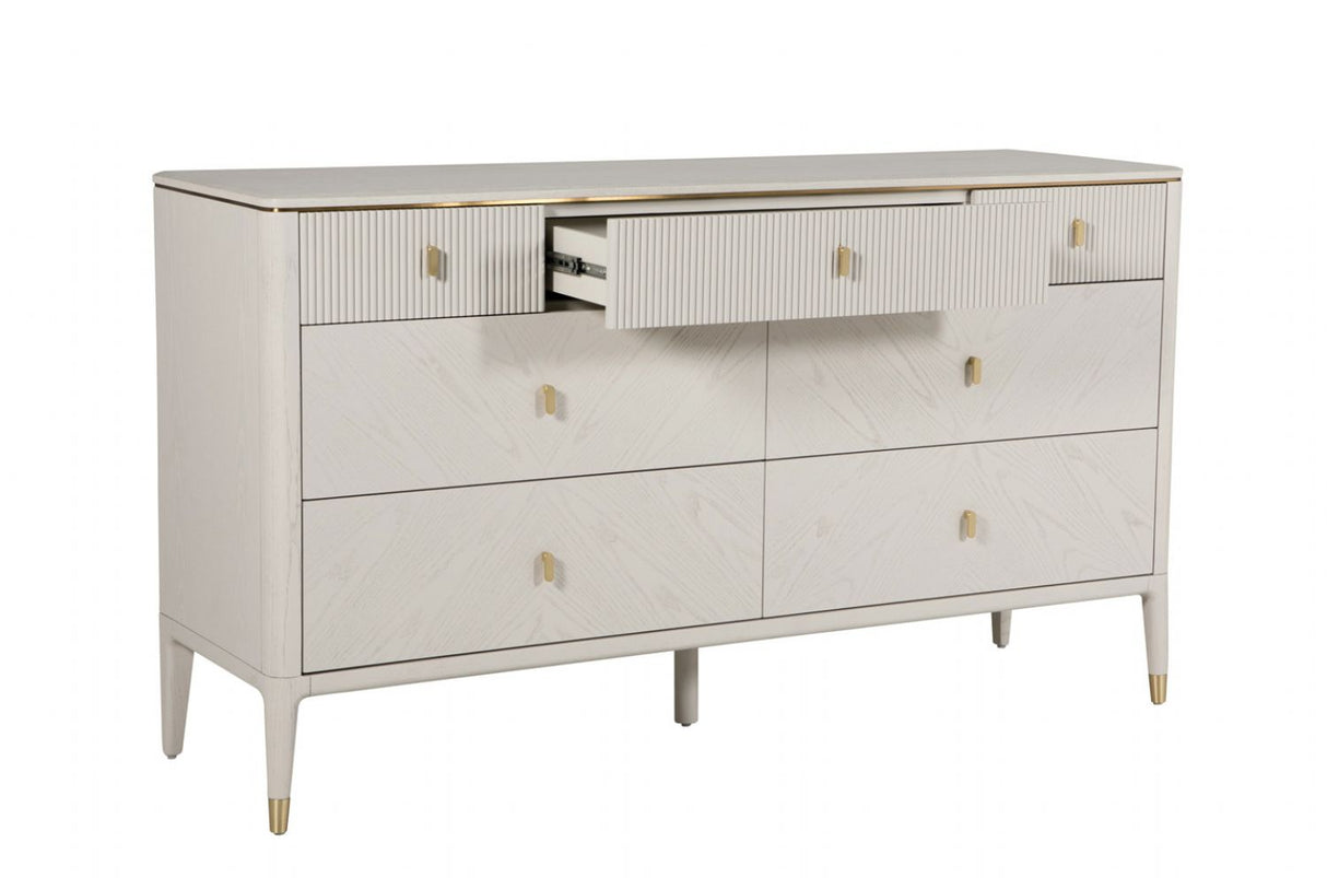 Stone Finish Ribbed Wooden Wide Chest of 7 Drawers