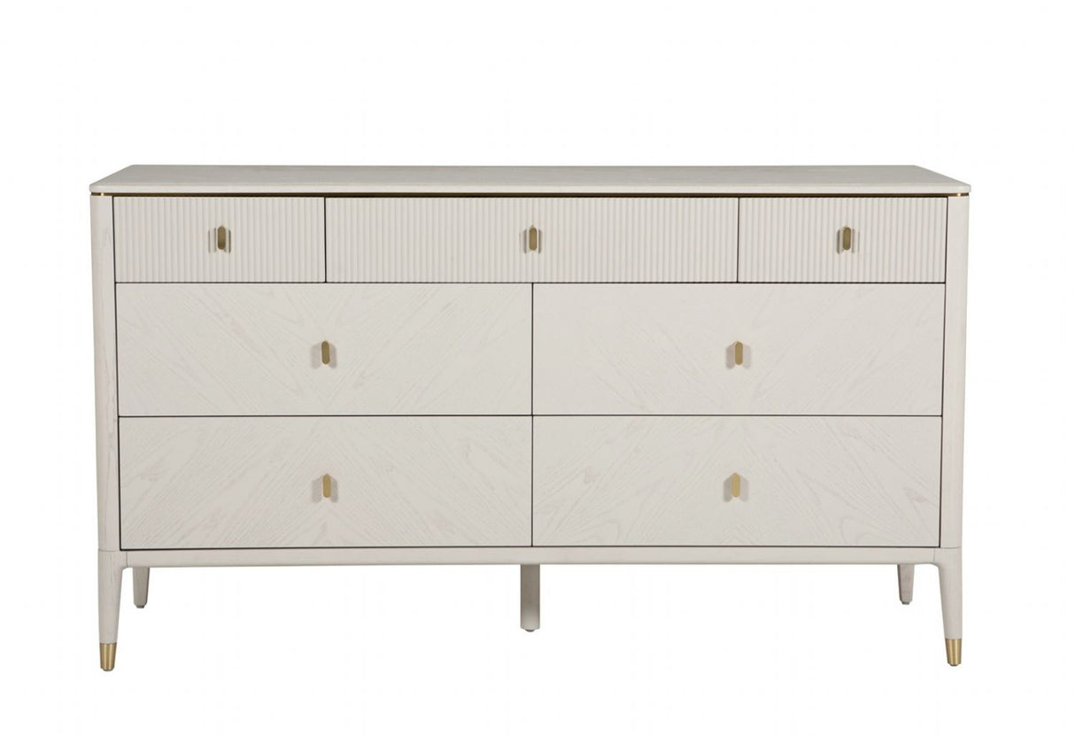 Stone Finish Ribbed Wooden Wide Chest of 7 Drawers
