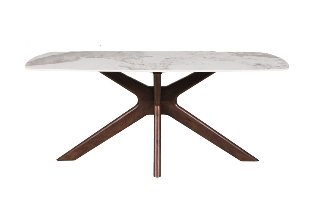 Large Walnut 180cm Rectangular Dining Table Stone Effect Top