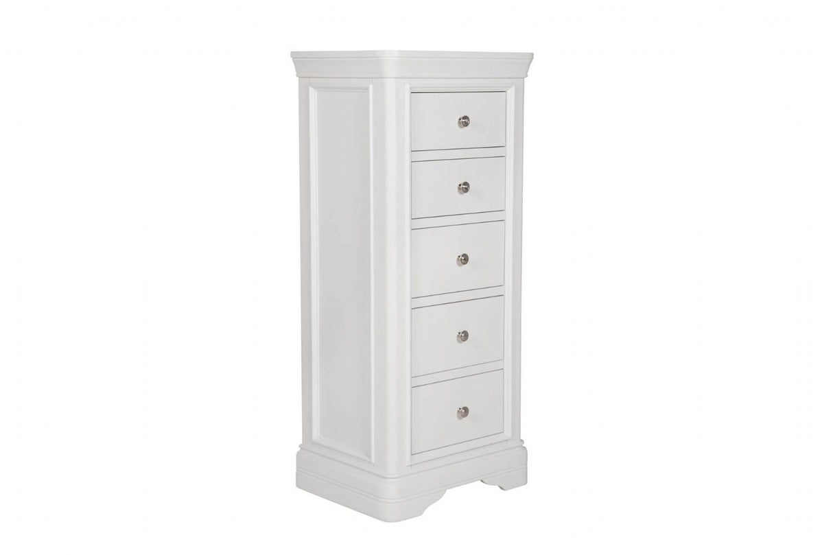White Decorative Moulding Tall 5 Drawer Chest with Silver Handles