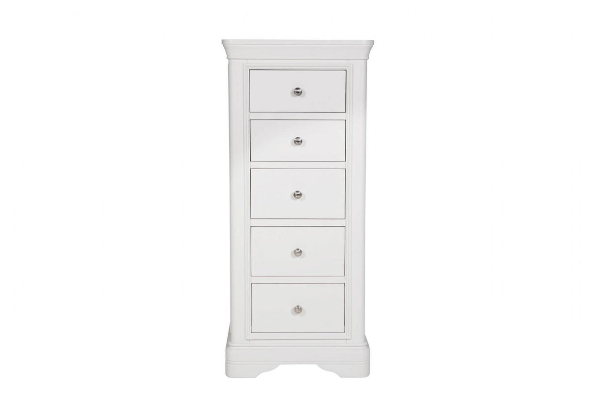White Wooden 5 Drawer Tall Chest with Silver Handles