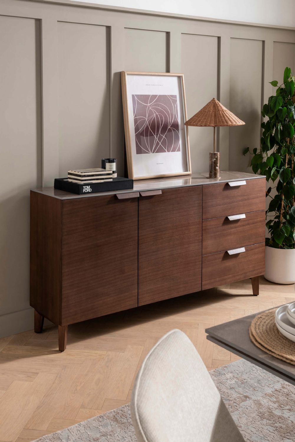 Latte Walnut Large Sideboard with 2 Doors 3 Drawers