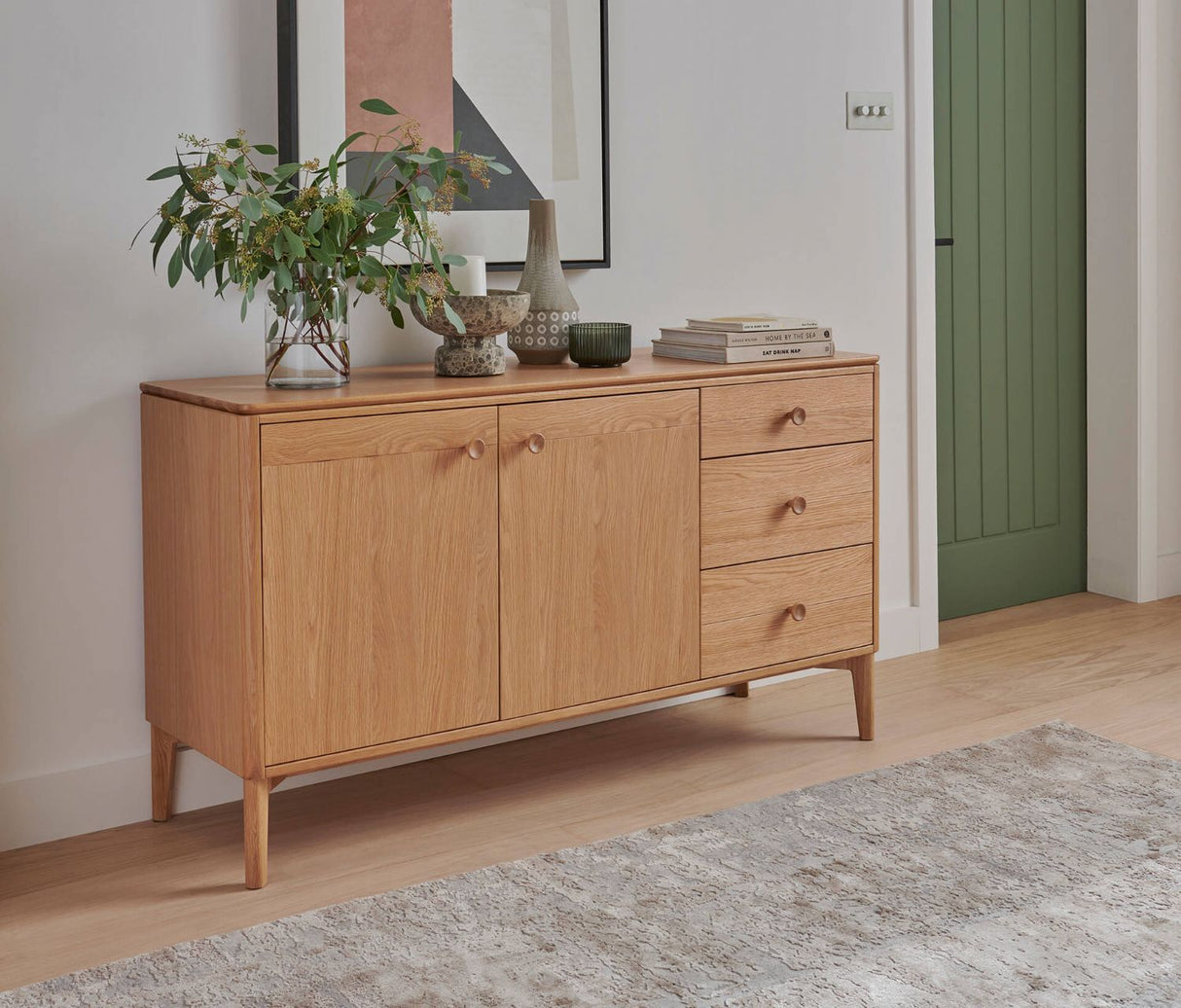 Modern Natural Oak Large 2 Door 3 Drawer Sideboard with Adjustable Shelf