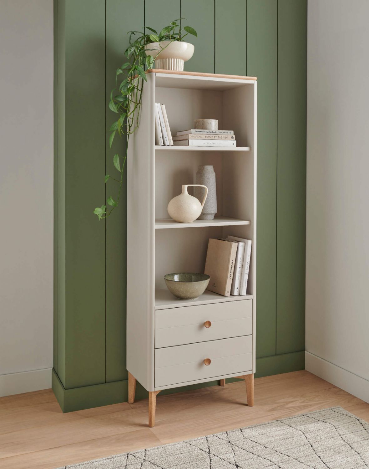 Taupe and Oak Wood Bookcase Shelving Unit
