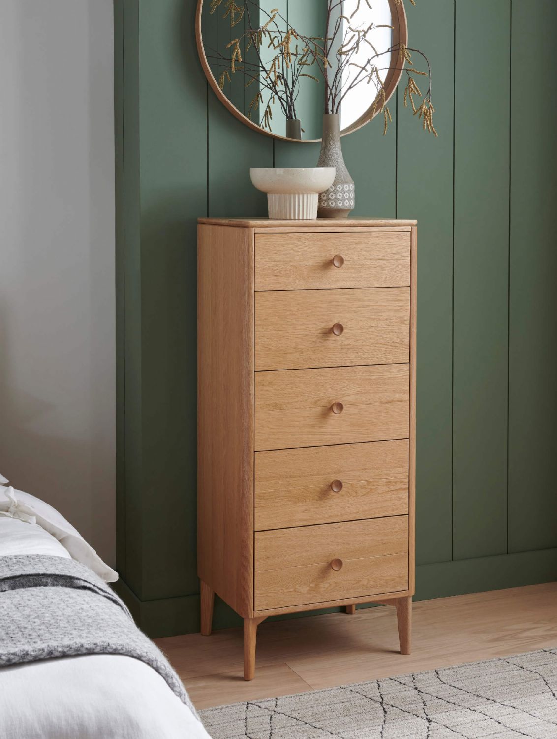 Modern Natural Oak Tall 5 Drawer Chest and Pin Style Legs