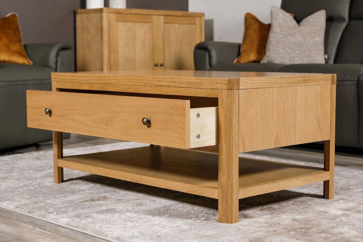Natural Oak 1 Drawer Coffee Table with Lower Self