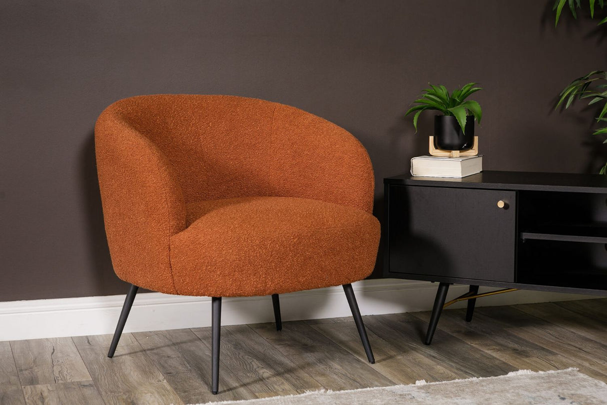 Rust Orange Boucle Fabric Occasional Tub Chair Black Legs