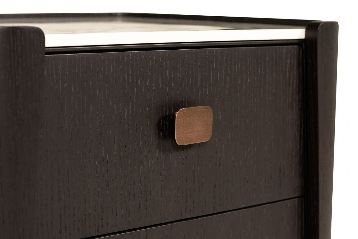 Ebony Wood 2 Drawer Bedside Table Cabinet Marble Effect Top