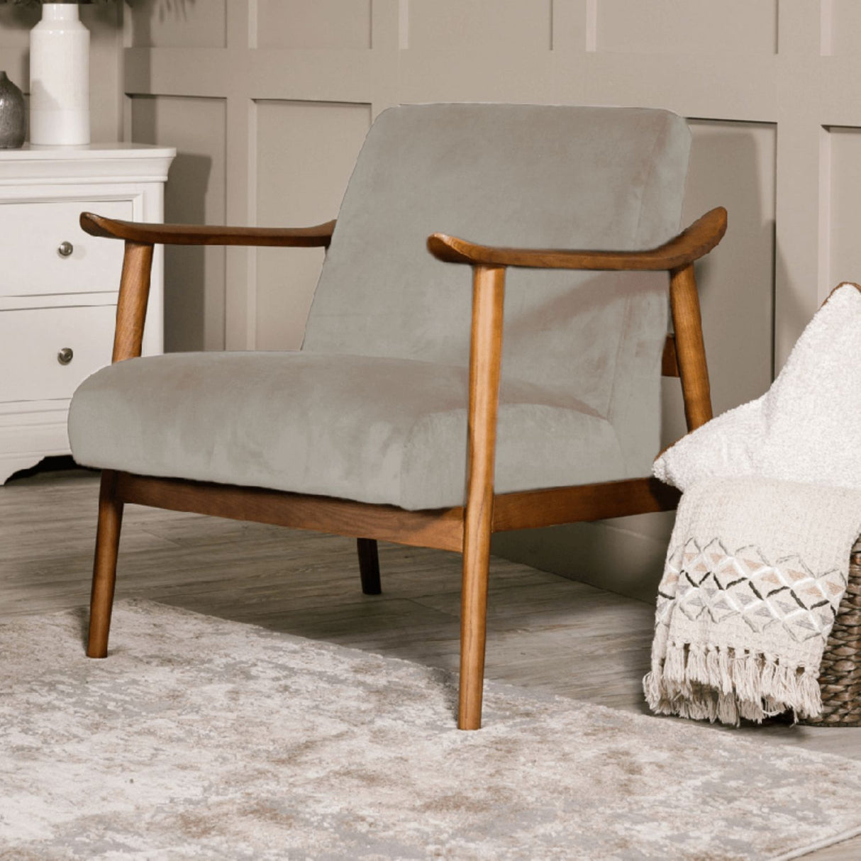 Taupe Chenille Fabric Accent Chair Rubberwood Framed