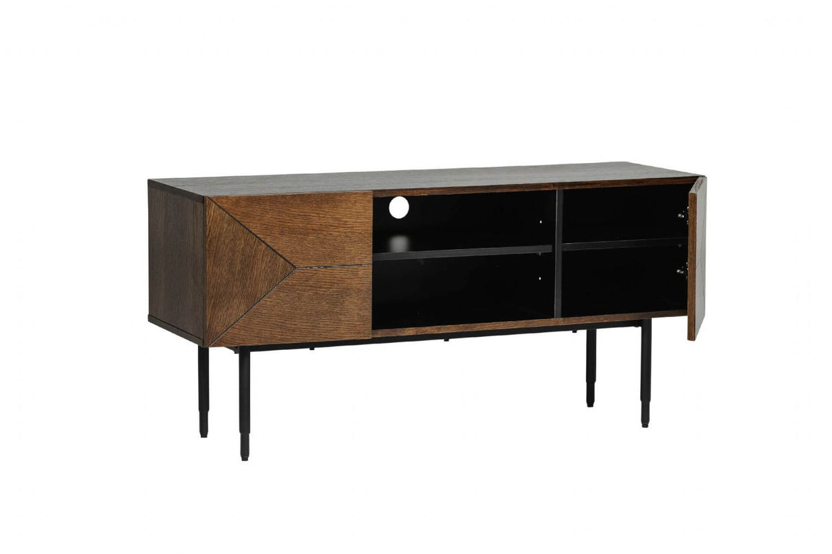 Brown Smoked Oak 2 Door TV Media Unit Black Metal Legs