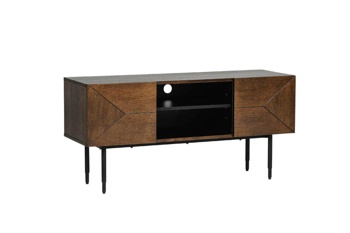 Brown Smoked Oak 2 Door TV Media Unit Black Metal Legs