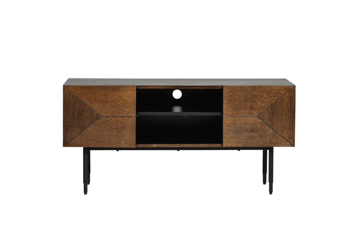 Brown Smoked Oak 2 Door TV Media Unit Black Metal Legs