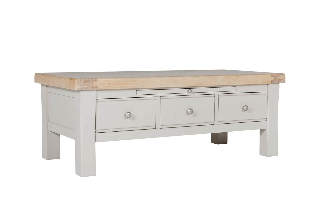 Taupe Wooden 3 Drawer Coffee Table with Oak Top