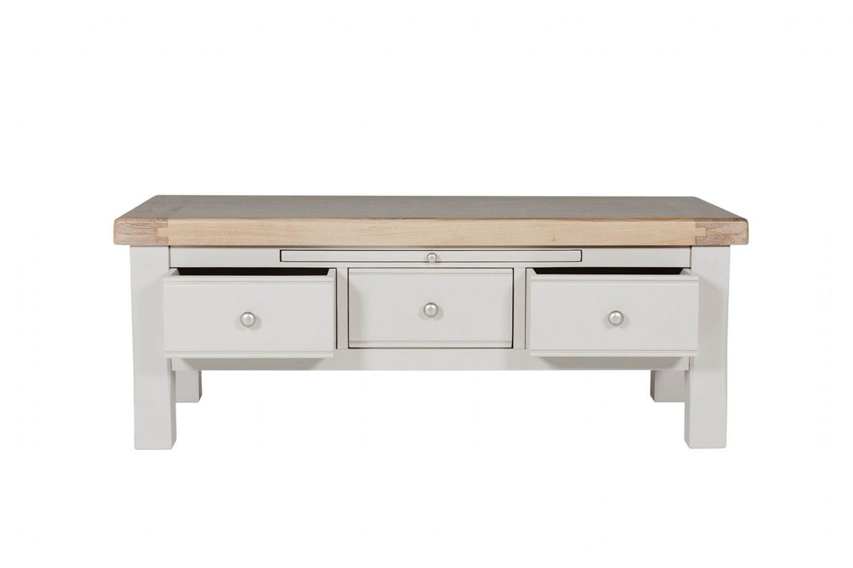 Taupe Wooden 3 Drawer Coffee Table with Oak Top