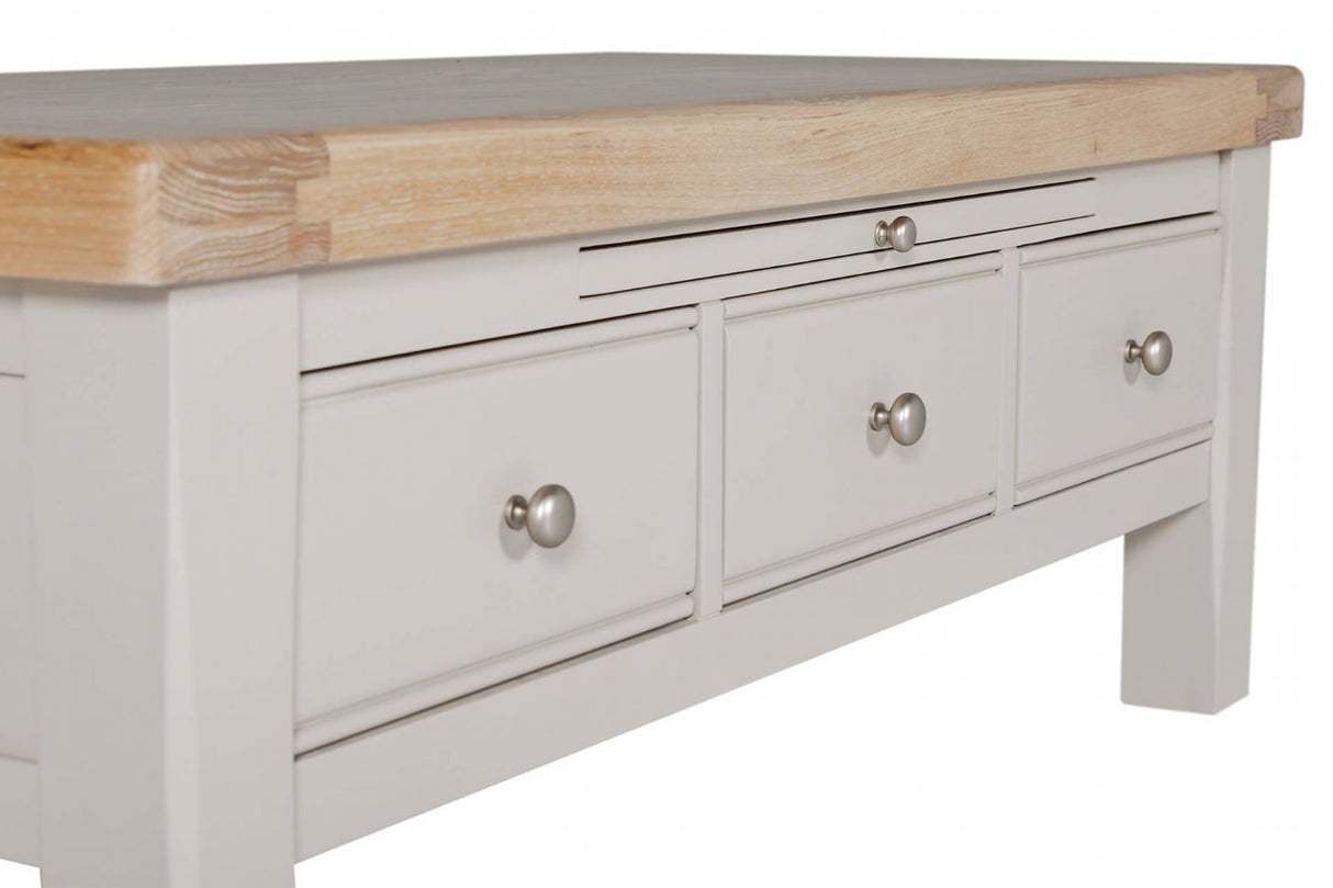 Taupe Wooden 3 Drawer Coffee Table with Oak Top