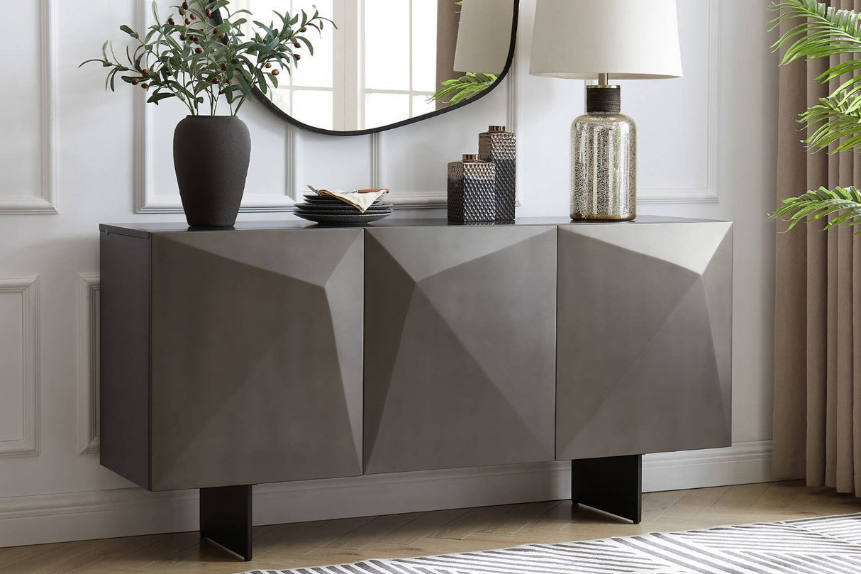 Brown Geometric Designed 3 Door Wide Sideboard