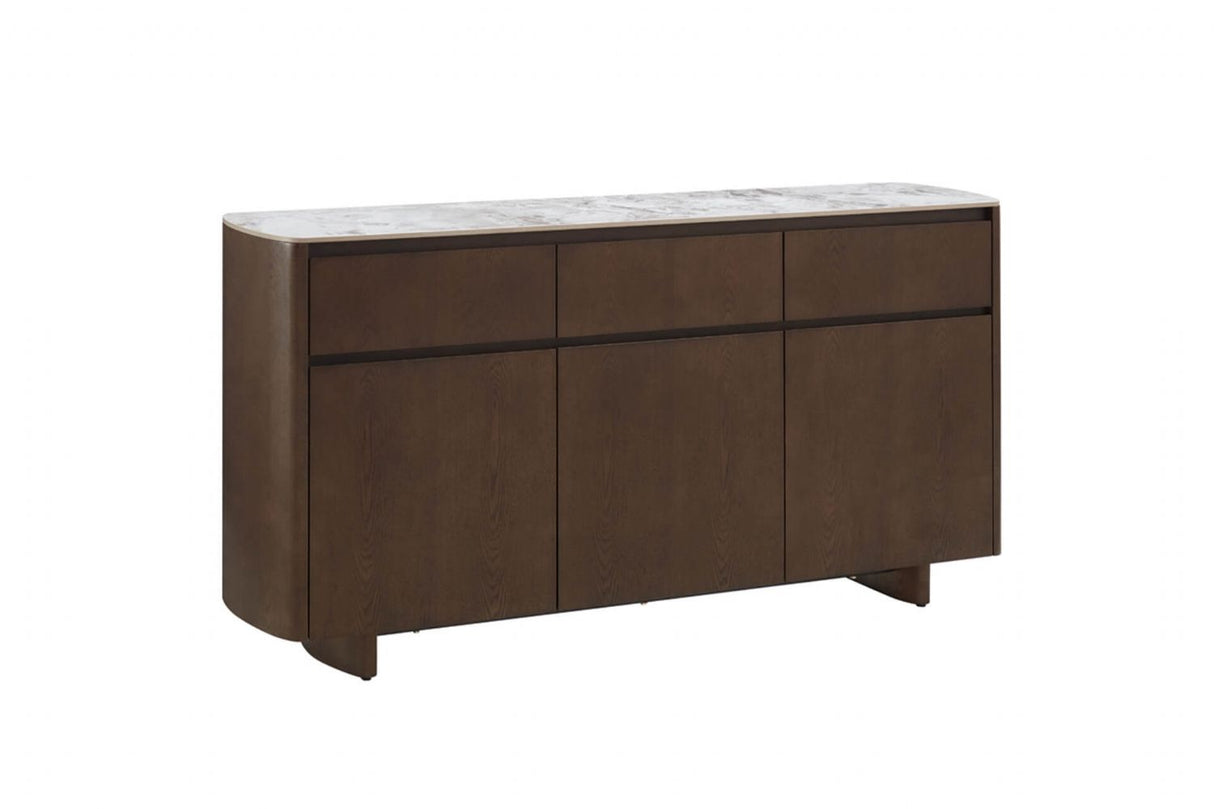 Brown Wood Marble Effect Top Large 3 Door 3 Drawer Sideboard