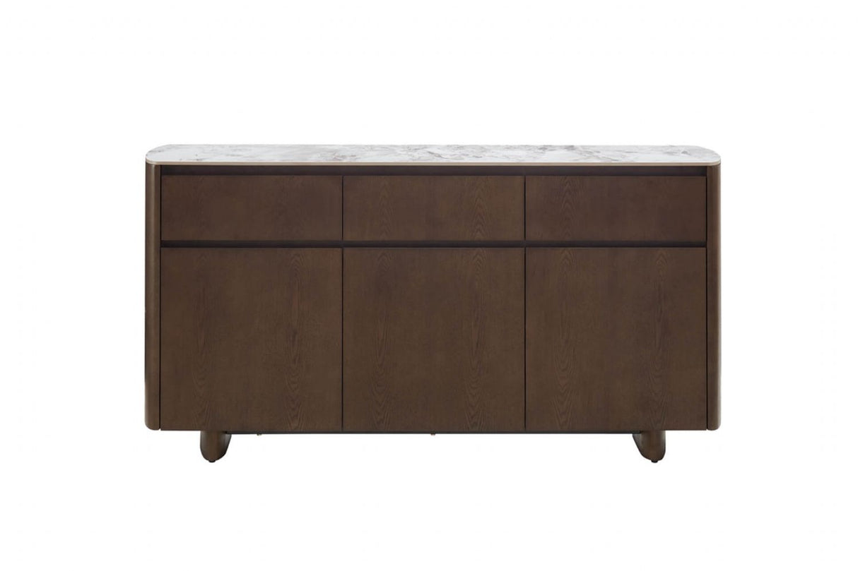 Brown Wood Marble Effect Top Large 3 Door 3 Drawer Sideboard
