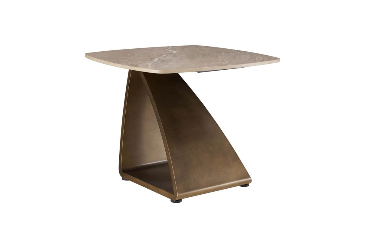 Brown Sintered Stone Top Lamp Table with Geometric Base