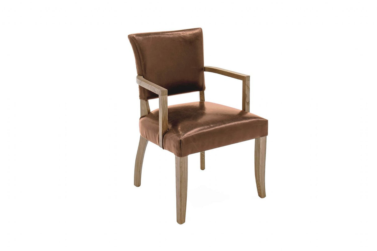 Vintage Tan Brown Leather Arm Chair with Solid Oak Legs and Padded Seat