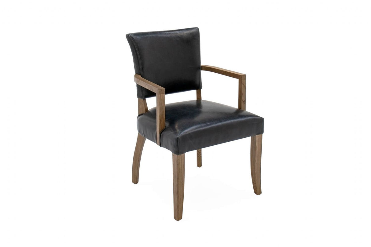 Vintage Blue Leather Arm Chair with Solid Oak Legs and Padded Seat