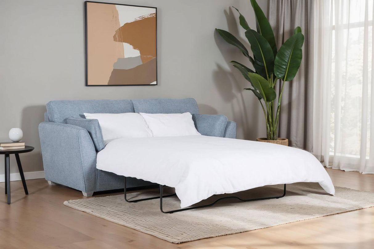 Blue Fabric 3 Seater Compact Sofa Bed Limed Oak Legs