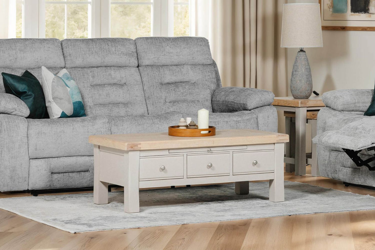 Taupe Wooden 3 Drawer Coffee Table with Oak Top