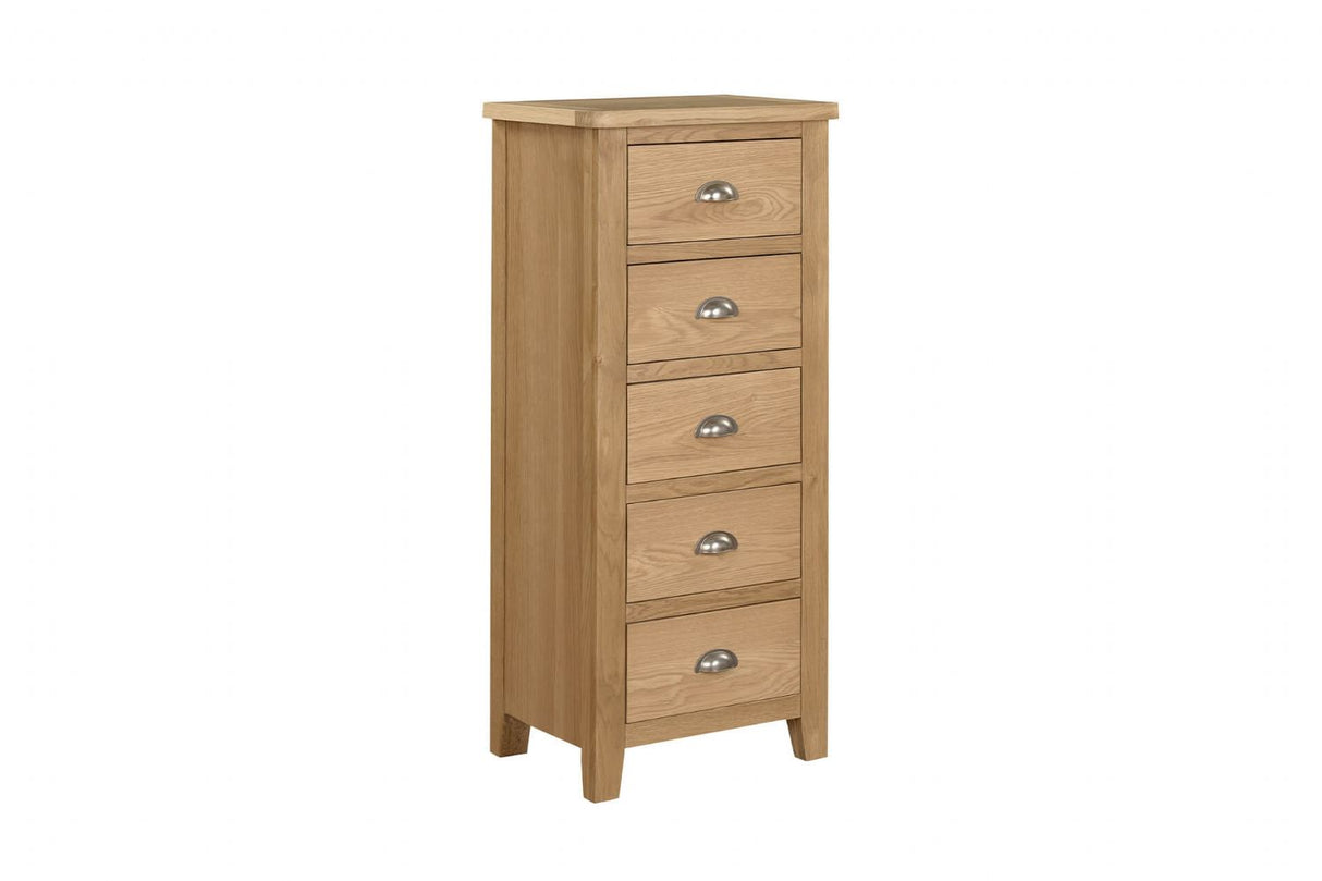 Natural Oak Narrow Chest of 5 Drawers Tallboy
