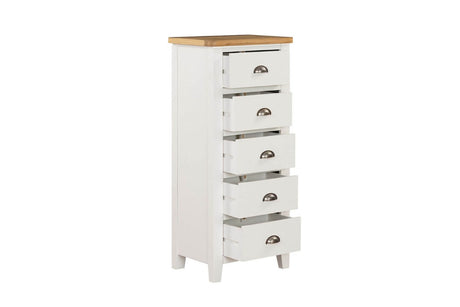 Cashmere Wooden 5 Drawer Narrow Tallboy with Oak Top