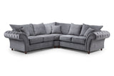 Grey Fabric Large Fullback Corner Sofa Buttoned Scroll Arms