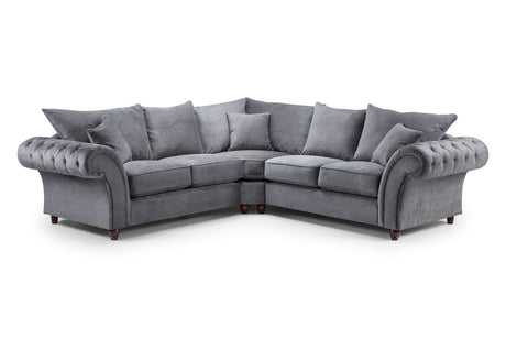 Grey Fabric Large Fullback Corner Sofa Buttoned Scroll Arms