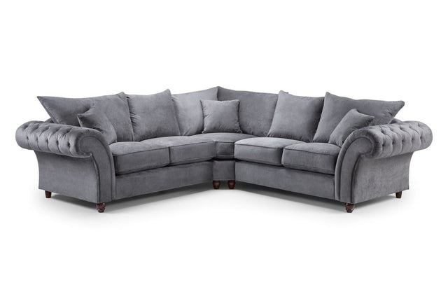 Grey Fabric Large Fullback Corner Sofa Buttoned Scroll Arms