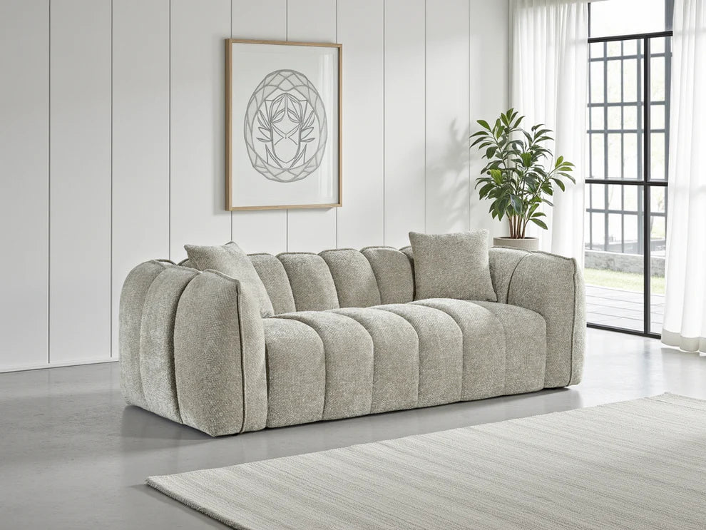 Beige Fabric Channel Tufted Design 3 Seater Sofa
