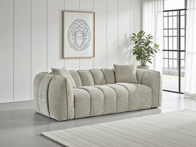 Beige Fabric Channel Tufted Design 3 Seater Sofa