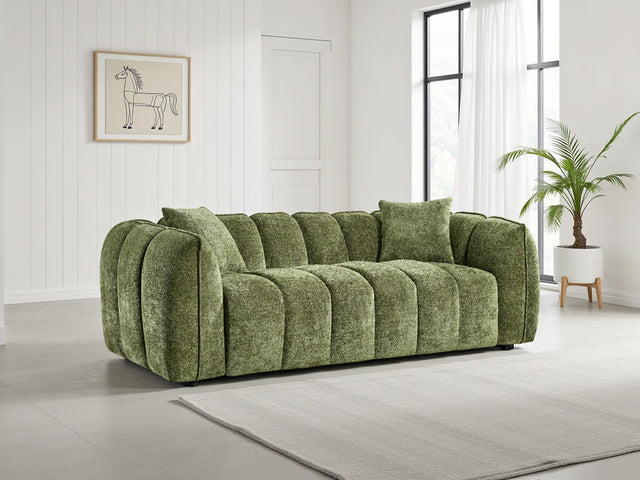 Olive Green Fabric Channel Tufted Design 3 Seater Sofa
