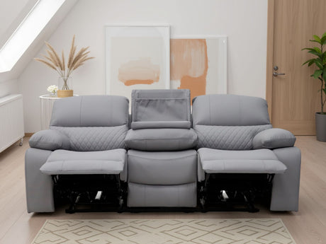 Grey Leather 3 Seater Electric Recliner Sofa with Cup Holder