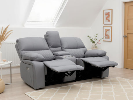 Grey Leather 2 Seater Electric Recliner Sofa with Console