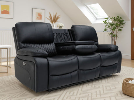 Black Leather 3 Seater Electric Recliner Sofa with Console