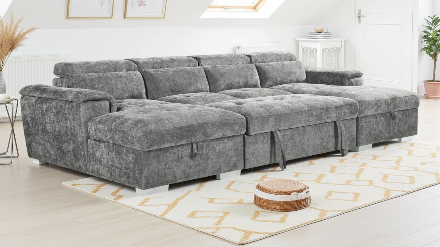 Grey Fabric Large U Shape Corner Sofa Bed