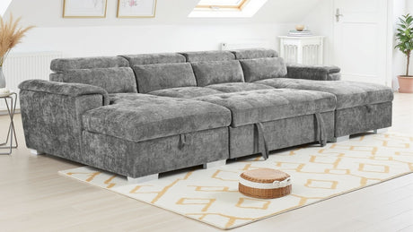 Grey Fabric Large U Shape Corner Sofa Bed